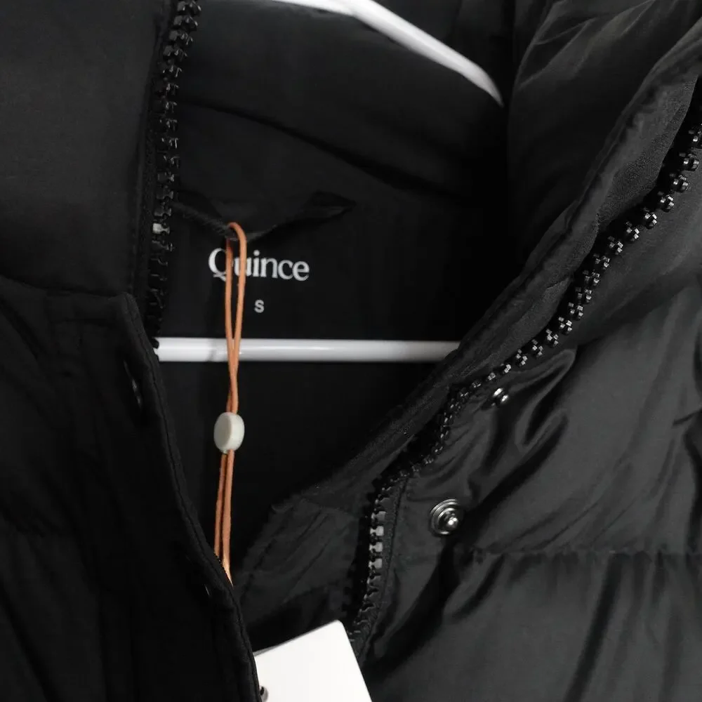 EUC Quince Women's Small Responsible Down Long Puffer Jacket Hooded Black Preppy
